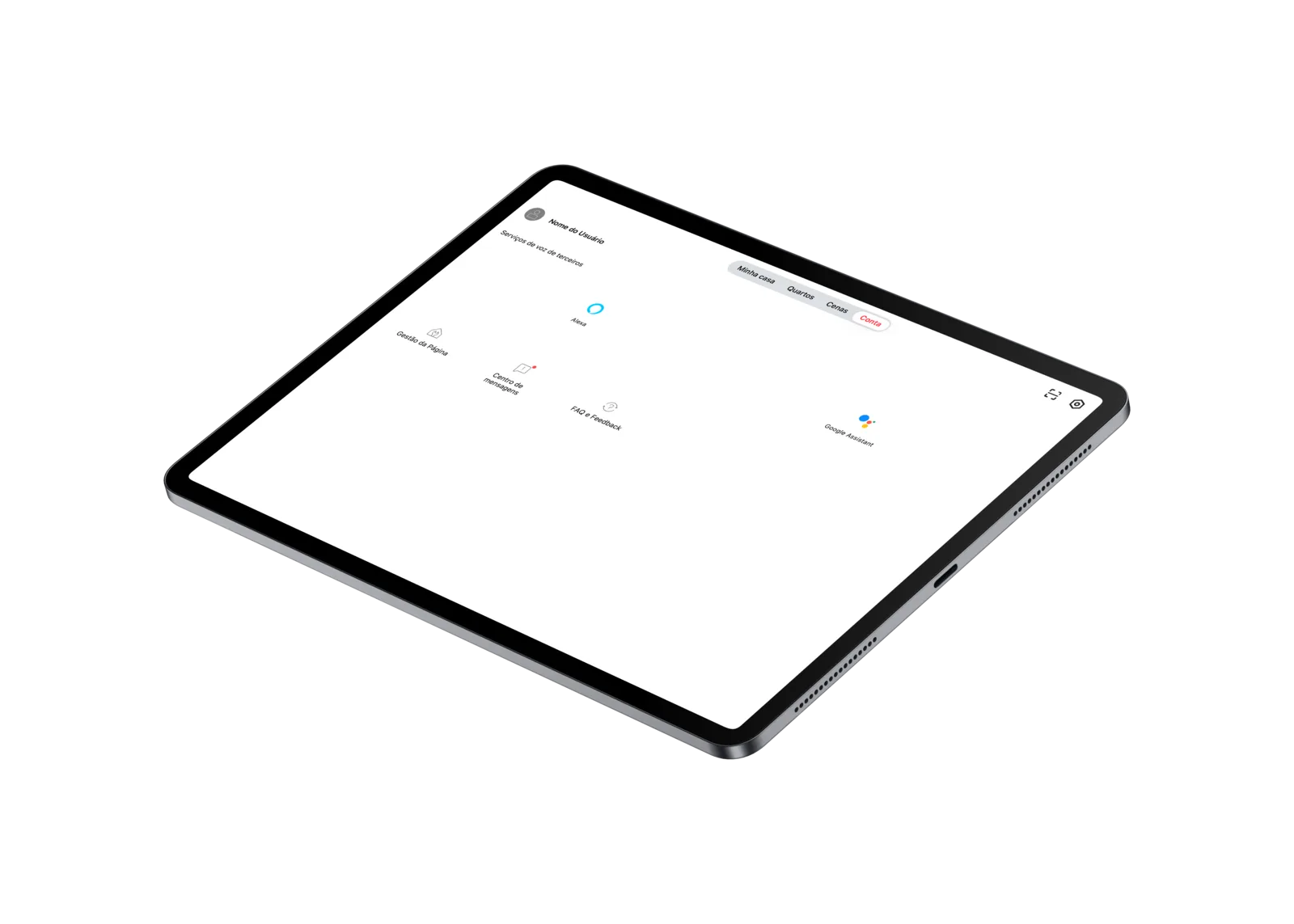 Tablet com o app Velds mostrando integração com Alexa e Google Assistant